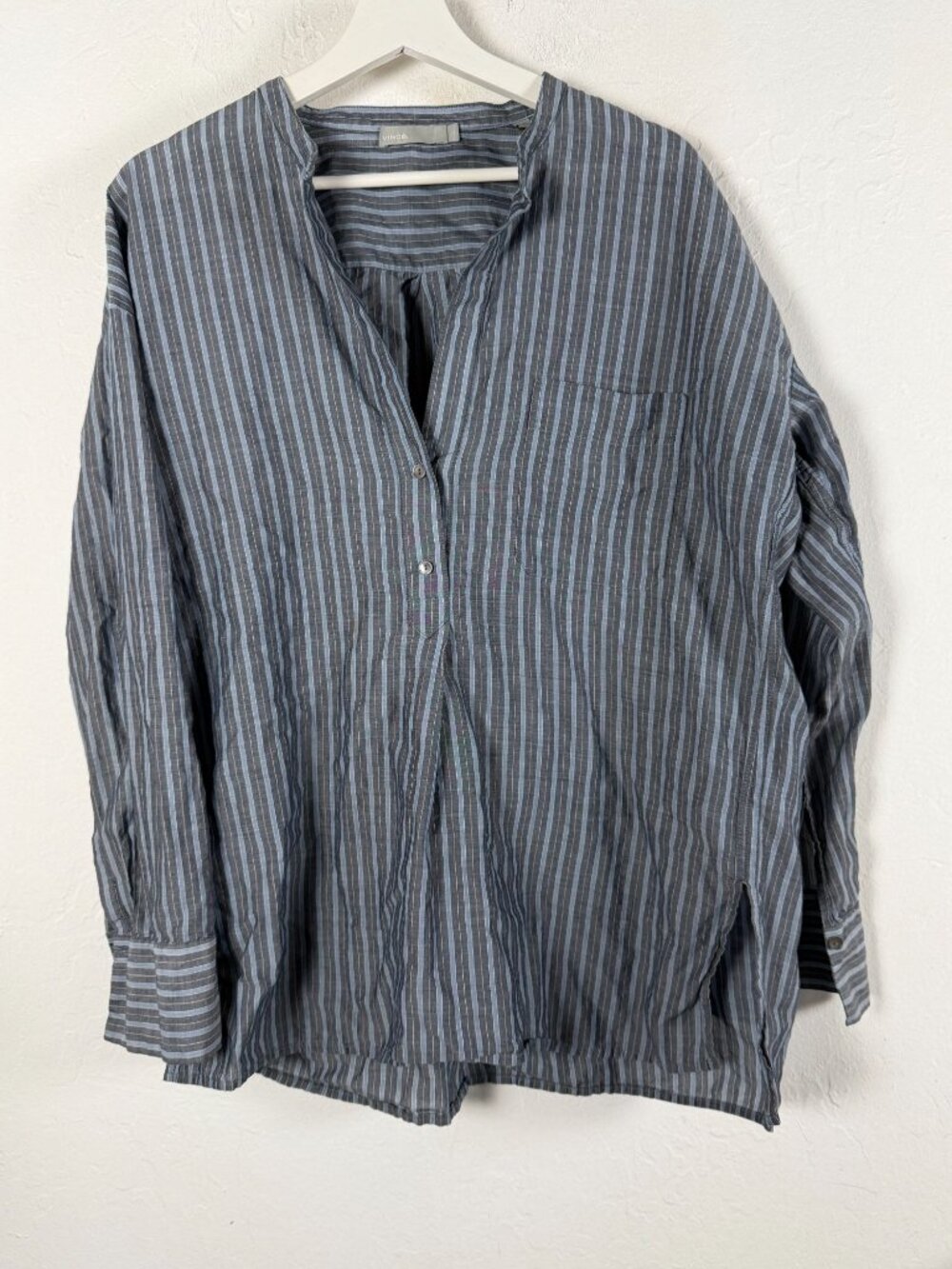 Vince Womens Grey Blue Multi Stripe Long Sleeve Popover Tunic Top Blouse Large